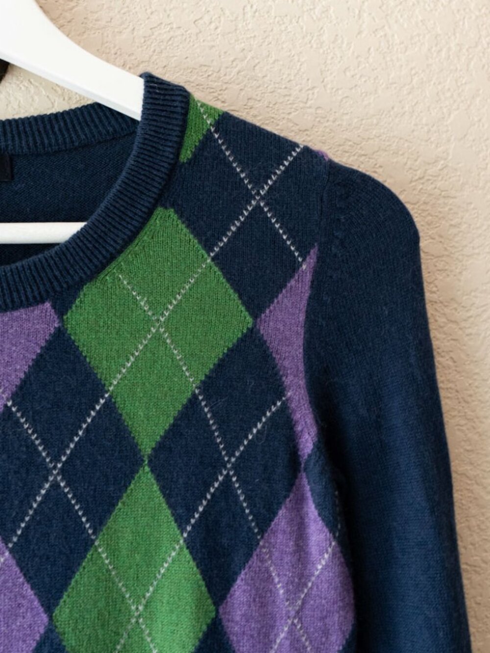 Banana Republic Argyle Sweater XS Navy Blue Angora Rabbit Blend 3/4Sleeve Preppy - Picture 5 of 14